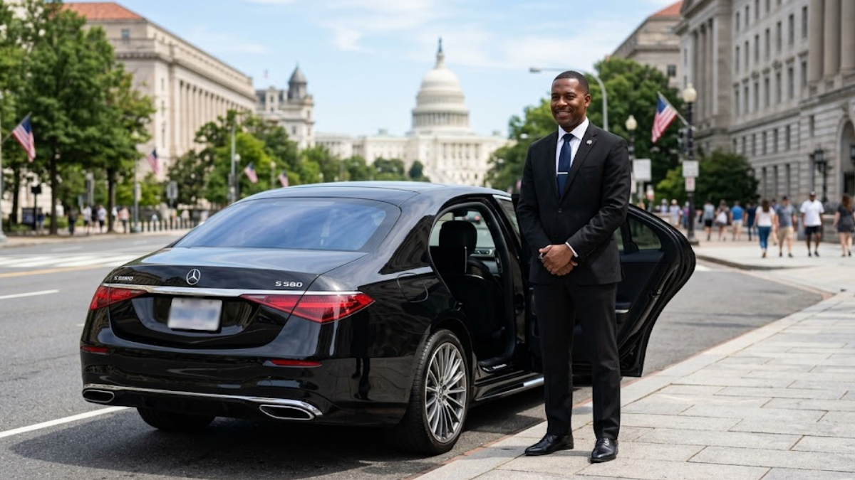 Professional chauffeur standing beside a luxury sedan in Washington DC